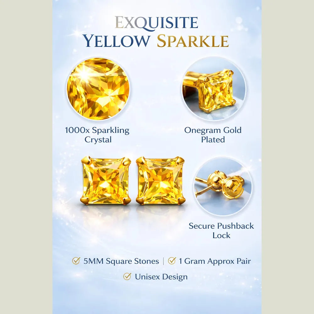 ZHome Yellow Crystal Square Stud for Women & Girls | Gold Plated Premium Daily Wear Earring