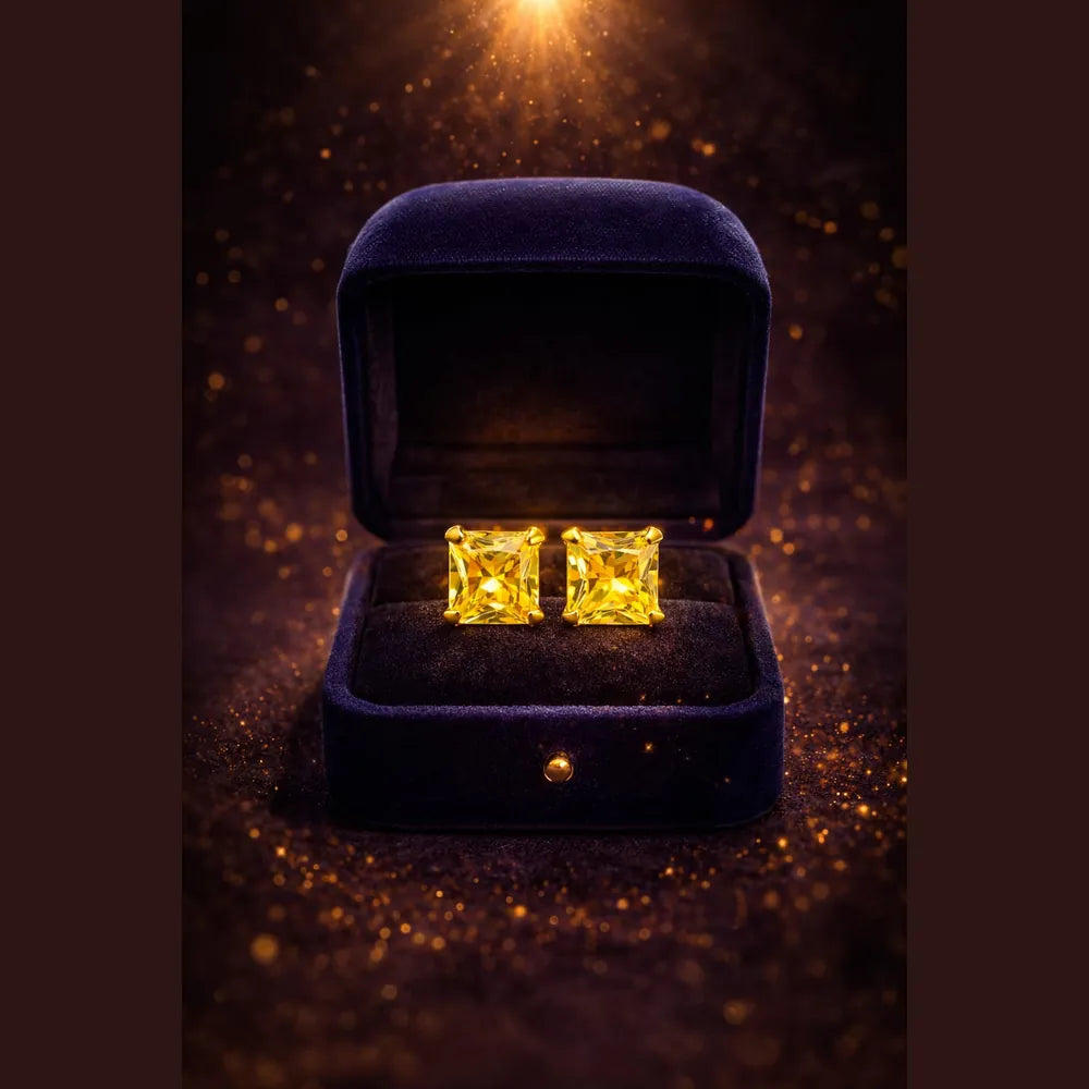 ZHome Yellow Crystal Square Stud for Women & Girls | Gold Plated Premium Daily Wear Earring