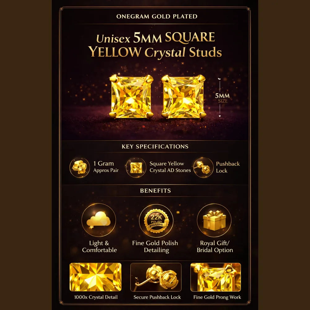 ZHome Yellow Crystal Square Stud for Women & Girls | Gold Plated Premium Daily Wear Earring