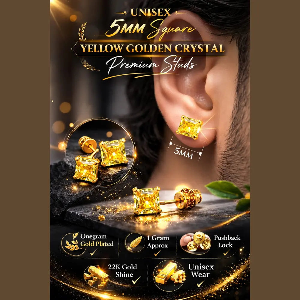 ZHome Yellow Crystal Square Stud for Women & Girls | Gold Plated Premium Daily Wear Earring