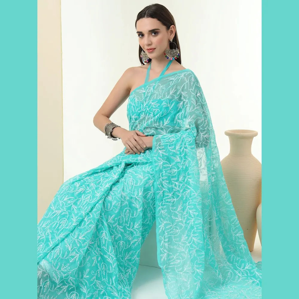 ZHome Aqua Turquoise Lucknowi Chikankari Saree – Pure Handmade Gergotte