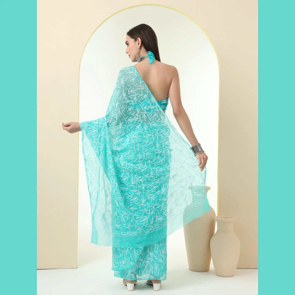 ZHome Aqua Turquoise Lucknowi Chikankari Saree – Pure Handmade Gergotte