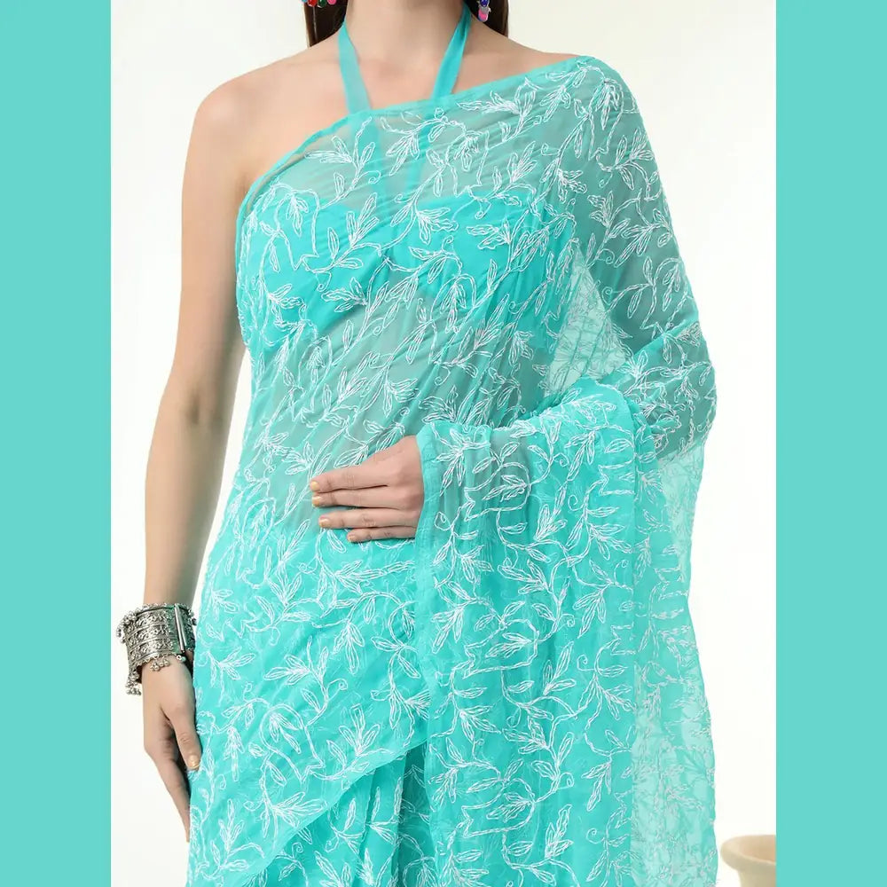 ZHome Aqua Turquoise Lucknowi Chikankari Saree – Pure Handmade Gergotte