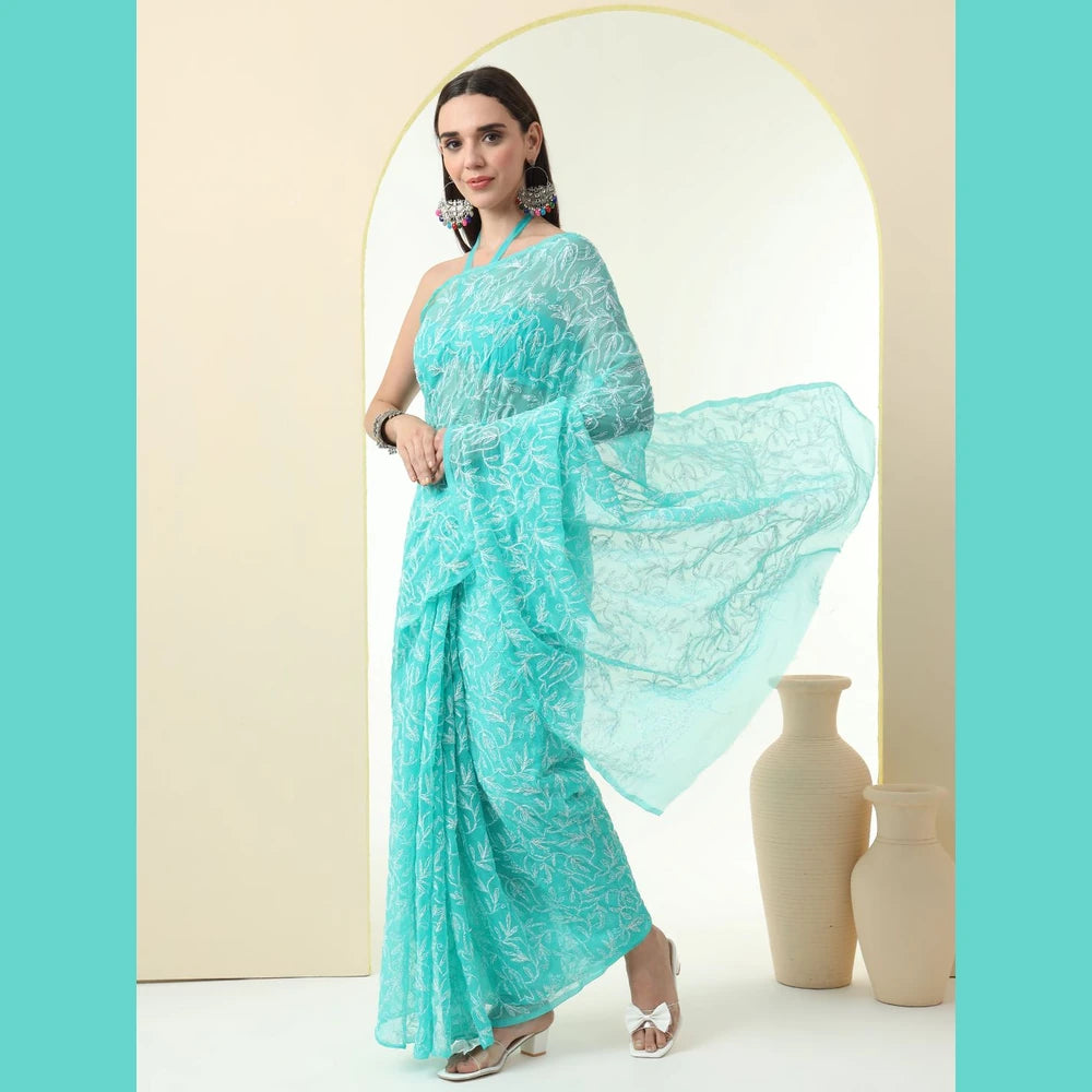 ZHome Aqua Turquoise Lucknowi Chikankari Saree – Pure Handmade Gergotte