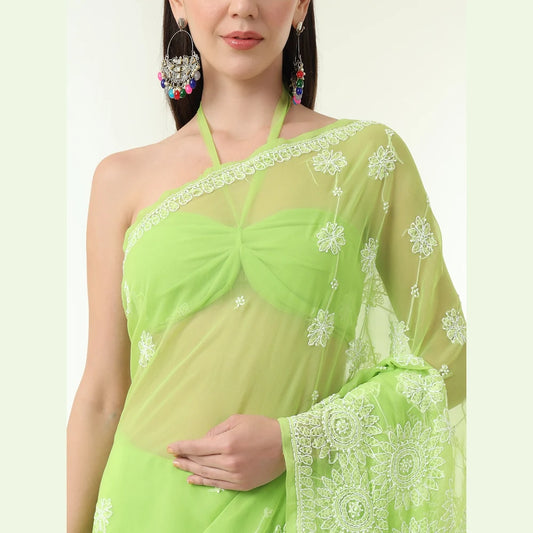 ZHome Green Lucknowi Chikan Kari Saree – Pure Handmade
