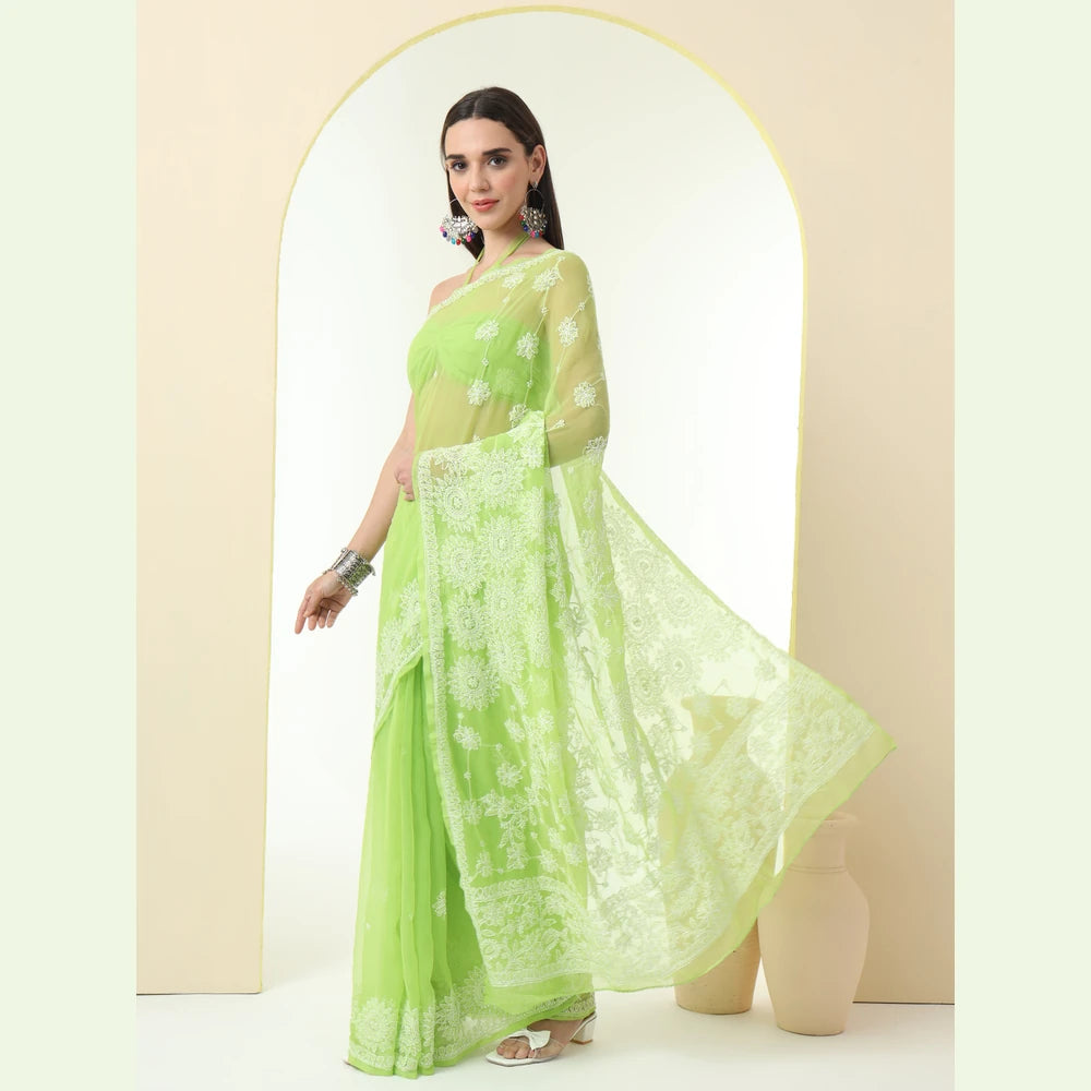 ZHome Green Lucknowi Chikan Kari Saree – Pure Handmade
