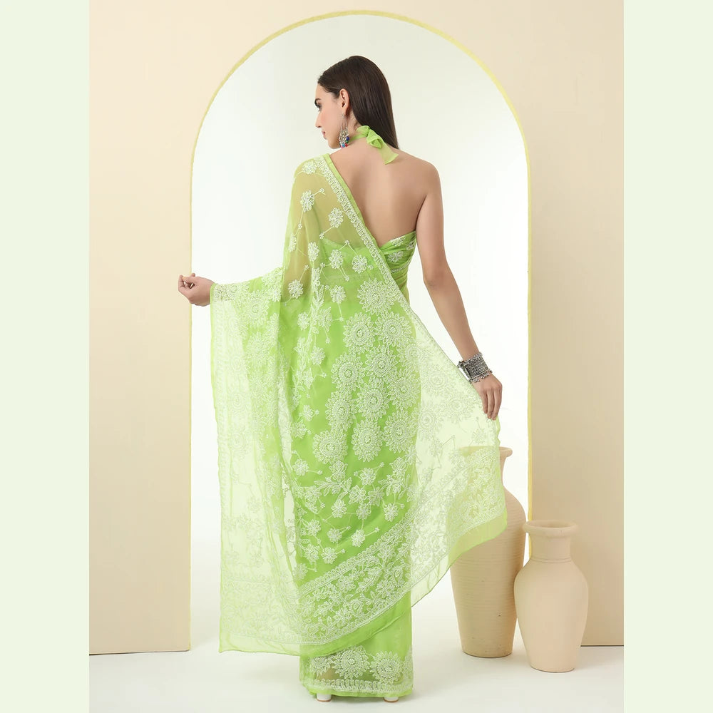 ZHome Green Lucknowi Chikan Kari Saree – Pure Handmade
