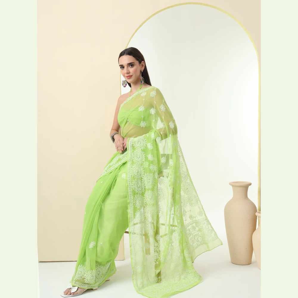 ZHome Green Lucknowi Chikan Kari Saree – Pure Handmade