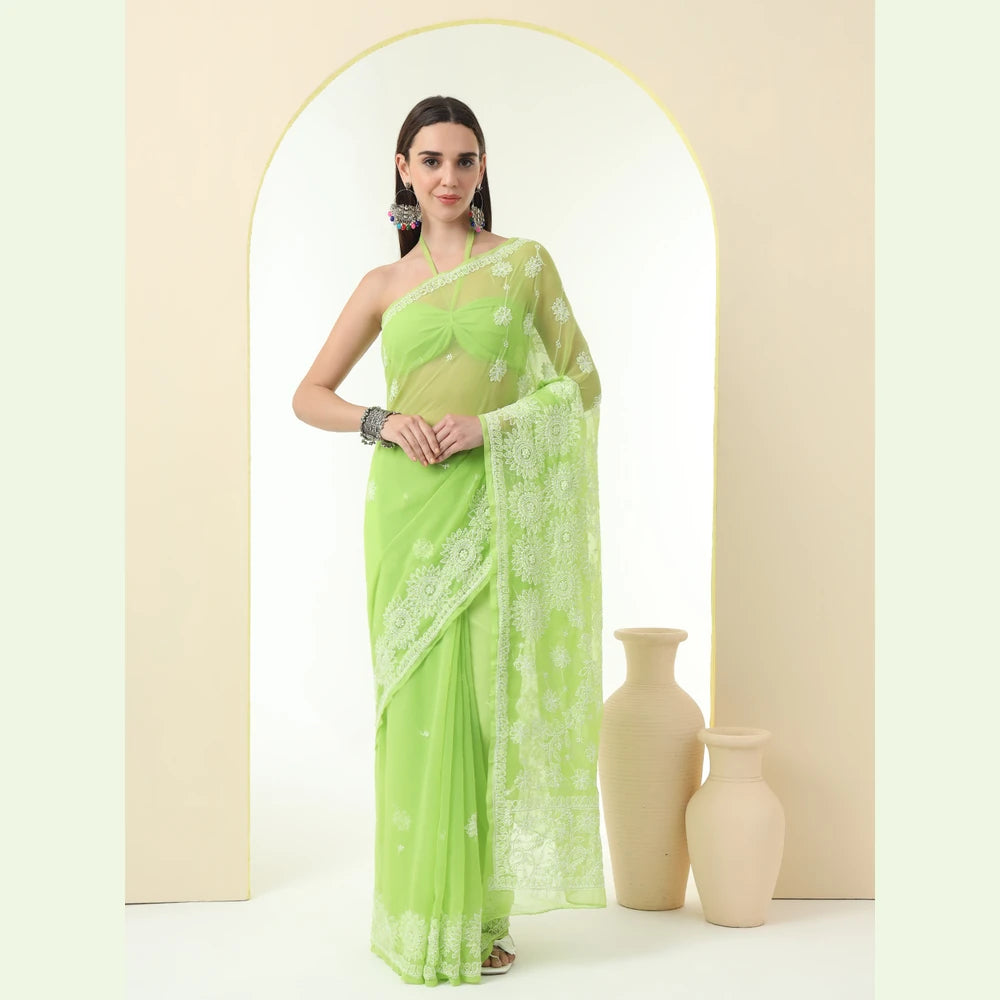 ZHome Green Lucknowi Chikan Kari Saree – Pure Handmade