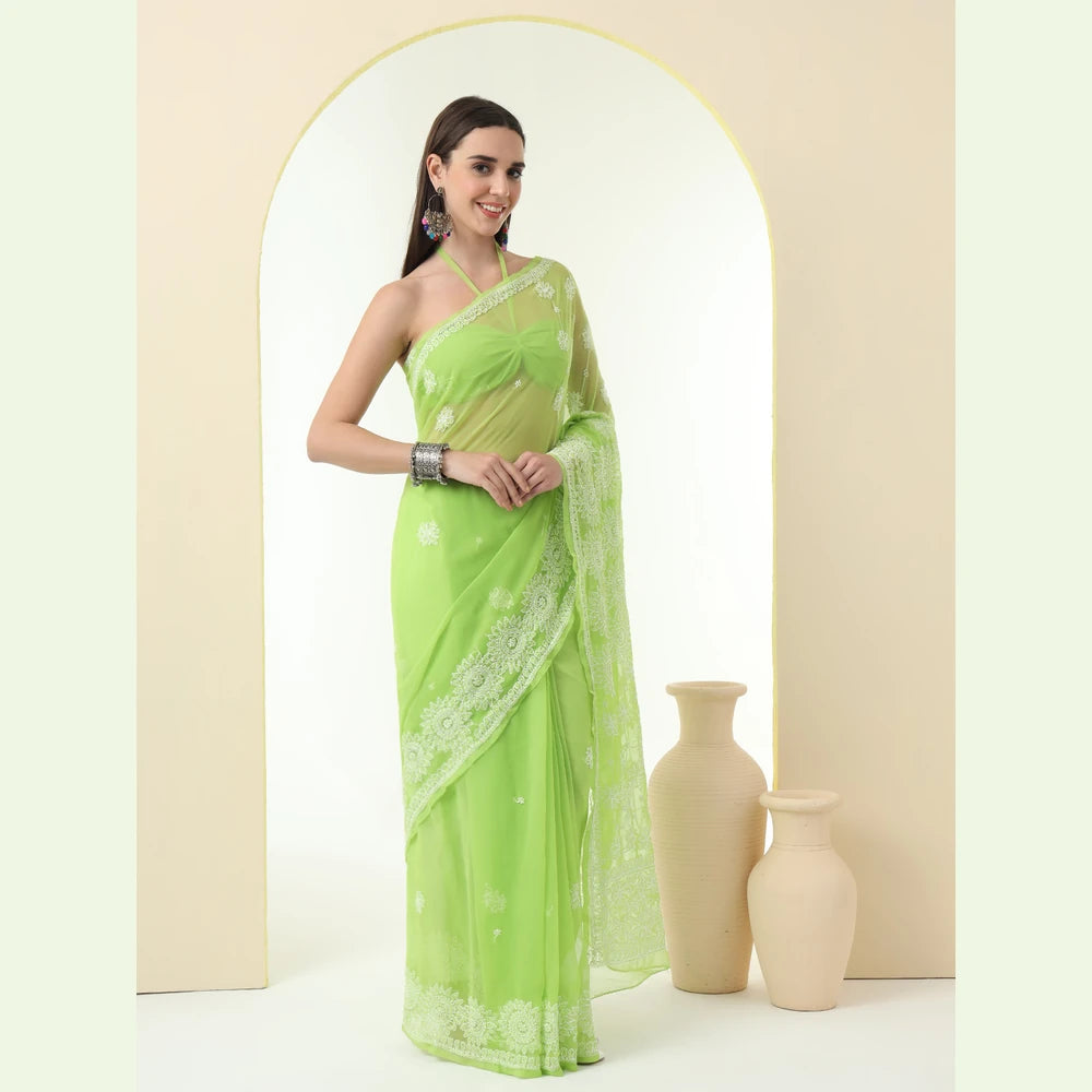 ZHome Green Lucknowi Chikan Kari Saree – Pure Handmade