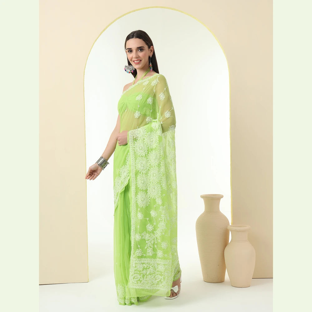 ZHome Green Lucknowi Chikan Kari Saree – Pure Handmade