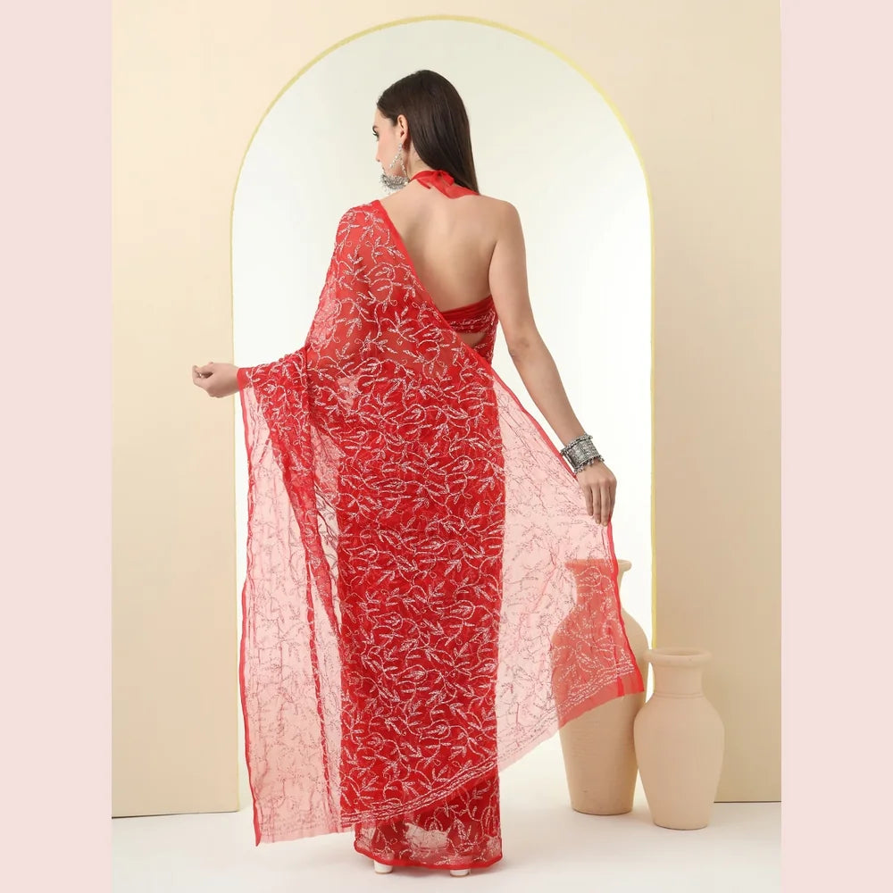 ZHome Red Lucknowi Chikankari Saree – Pure Handmade Gergotte Saree