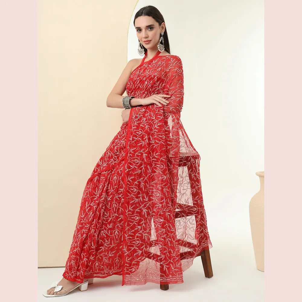 ZHome Red Lucknowi Chikankari Saree – Pure Handmade Gergotte Saree