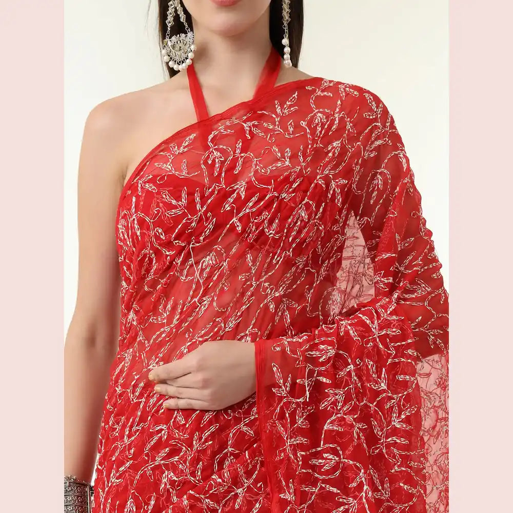 ZHome Red Lucknowi Chikankari Saree – Pure Handmade Gergotte Saree