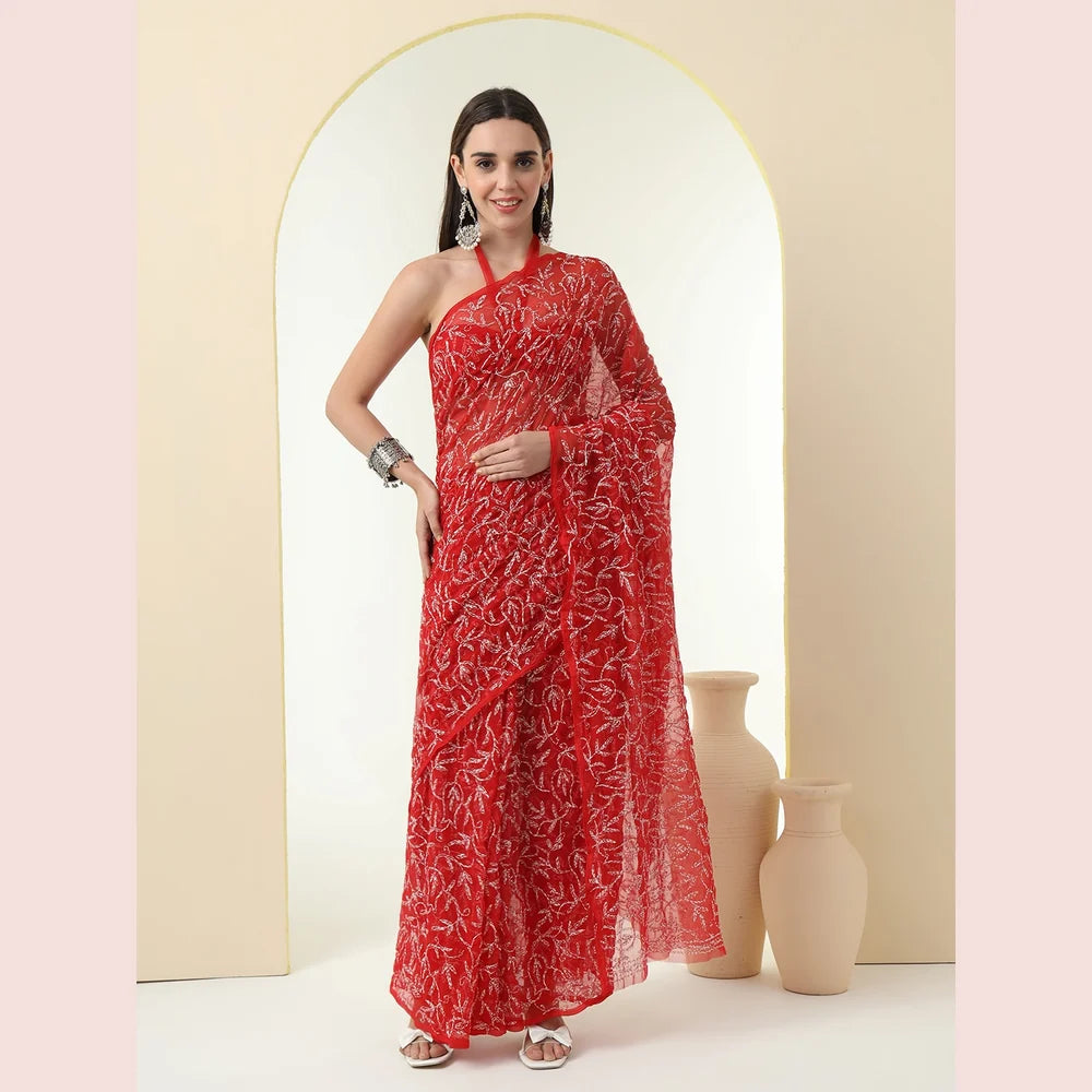 ZHome Red Lucknowi Chikankari Saree – Pure Handmade Gergotte Saree