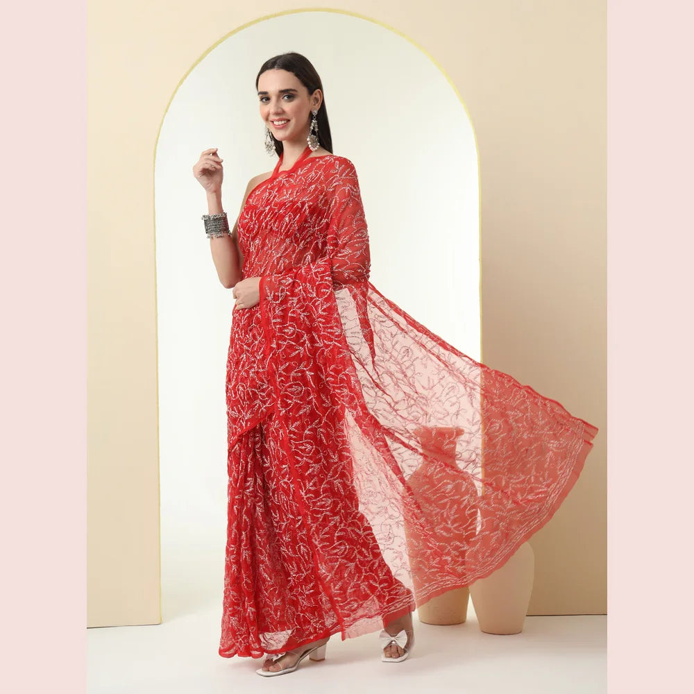 ZHome Red Lucknowi Chikankari Saree – Pure Handmade Gergotte Saree