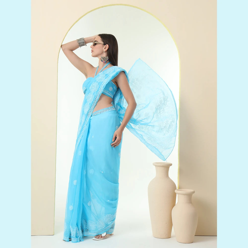 ZHome Sky Blue Lucknowi Chikankari Saree – Pure Handmade Gergotte