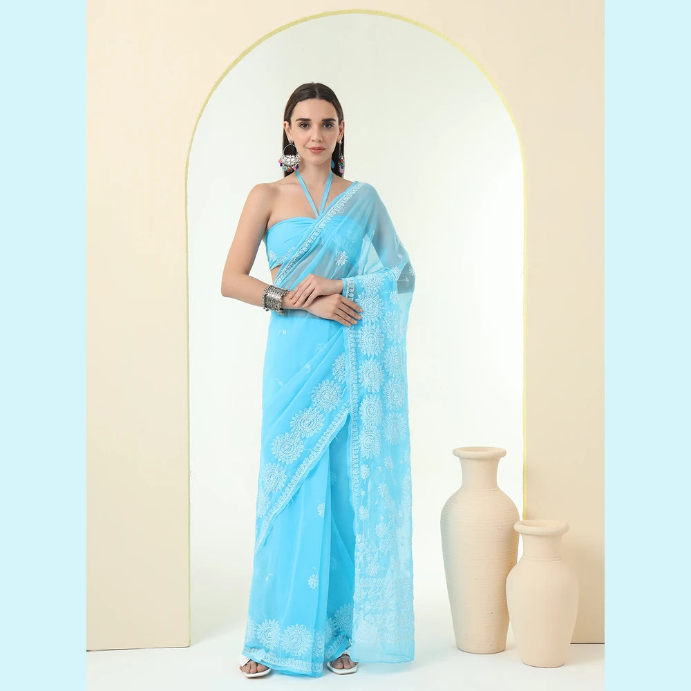 ZHome Sky Blue Lucknowi Chikankari Saree – Pure Handmade Gergotte