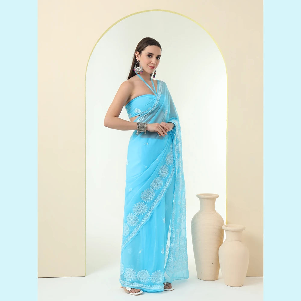 ZHome Sky Blue Lucknowi Chikankari Saree – Pure Handmade Gergotte