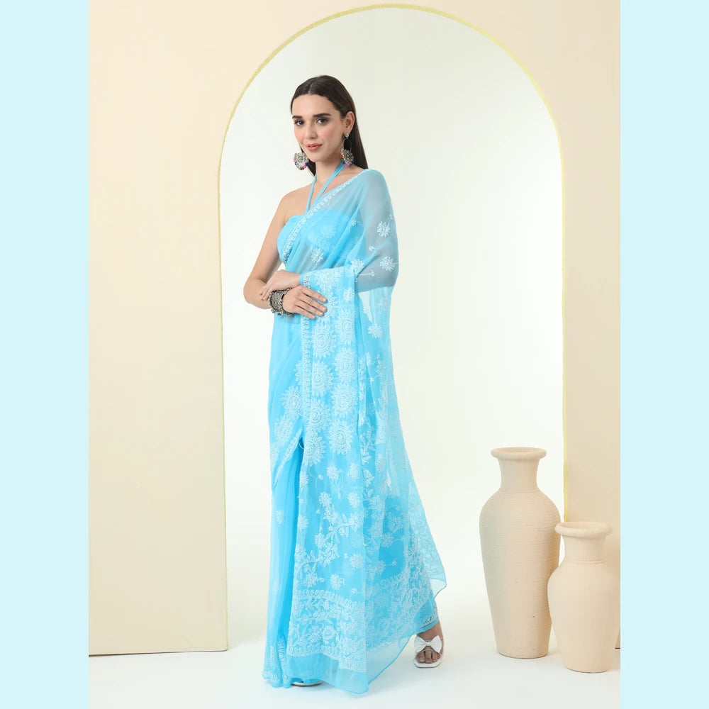 ZHome Sky Blue Lucknowi Chikankari Saree – Pure Handmade Gergotte