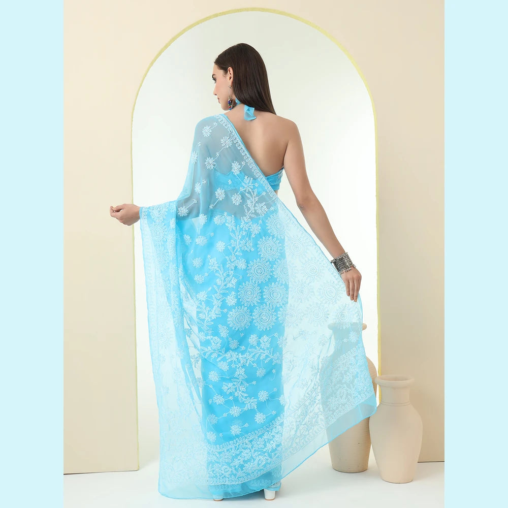 ZHome Sky Blue Lucknowi Chikankari Saree – Pure Handmade Gergotte