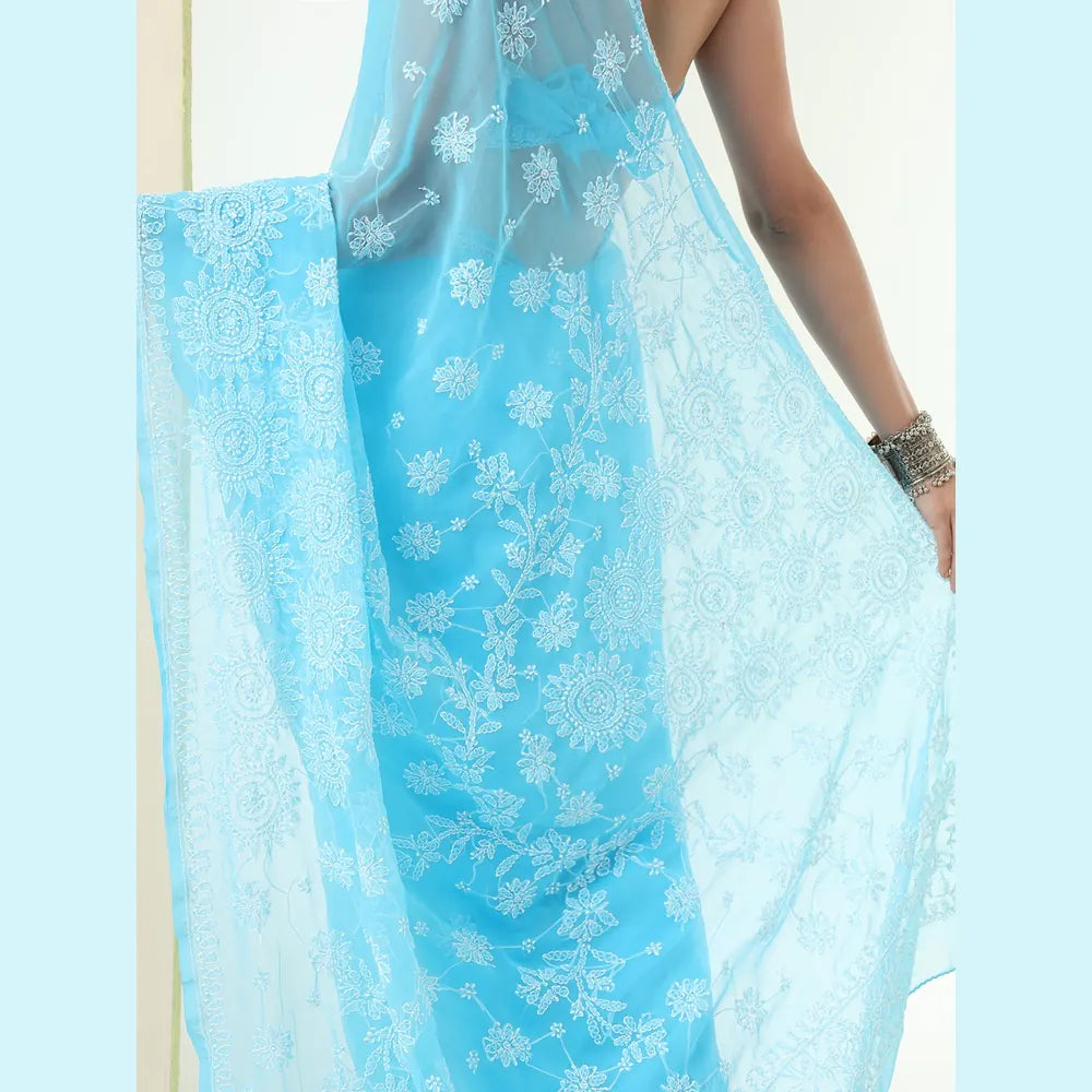 ZHome Sky Blue Lucknowi Chikankari Saree – Pure Handmade Gergotte