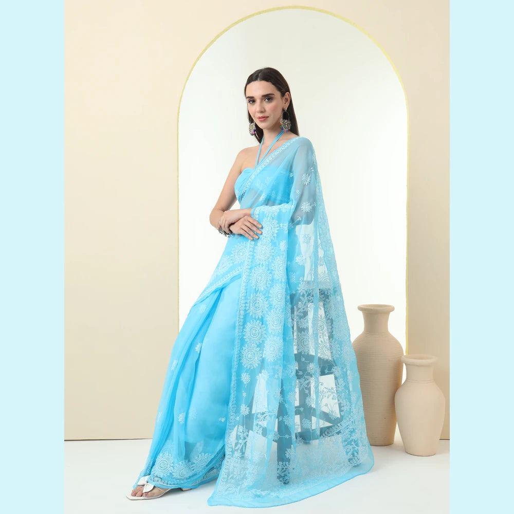 ZHome Sky Blue Lucknowi Chikankari Saree – Pure Handmade Gergotte