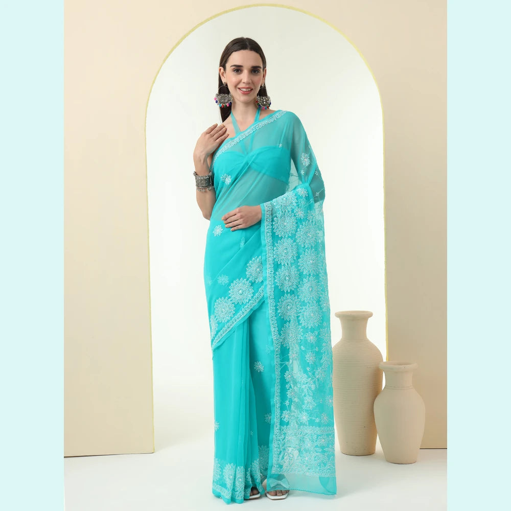ZHome Turquoise Lucknowi Chikankari Saree – Pure Handmade Gergotte