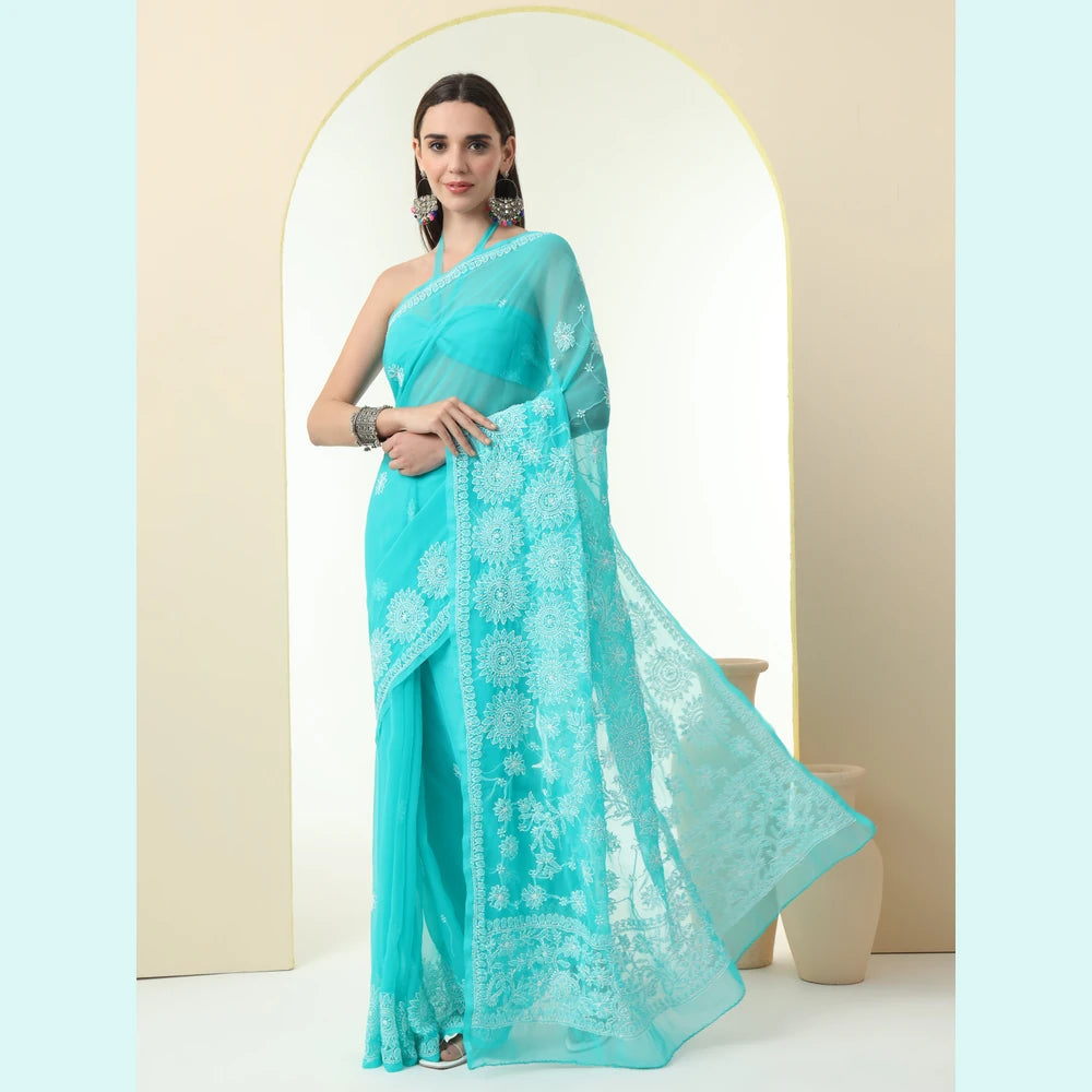 ZHome Turquoise Lucknowi Chikankari Saree – Pure Handmade Gergotte
