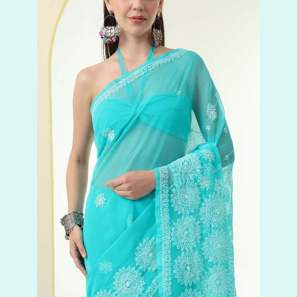 ZHome Turquoise Lucknowi Chikankari Saree – Pure Handmade Gergotte