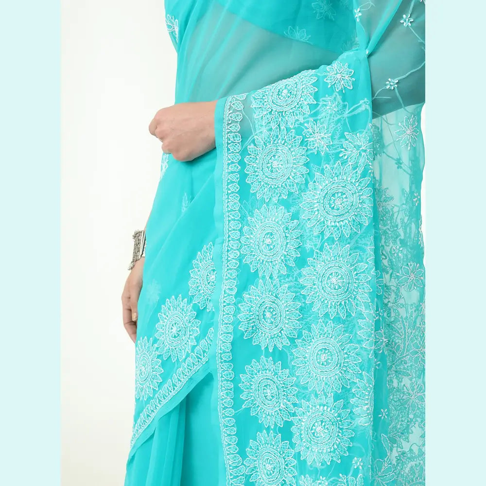 ZHome Turquoise Lucknowi Chikankari Saree – Pure Handmade Gergotte
