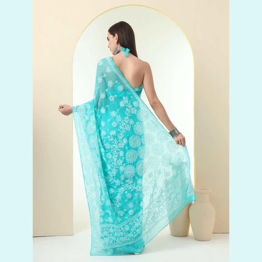 ZHome Turquoise Lucknowi Chikankari Saree – Pure Handmade Gergotte