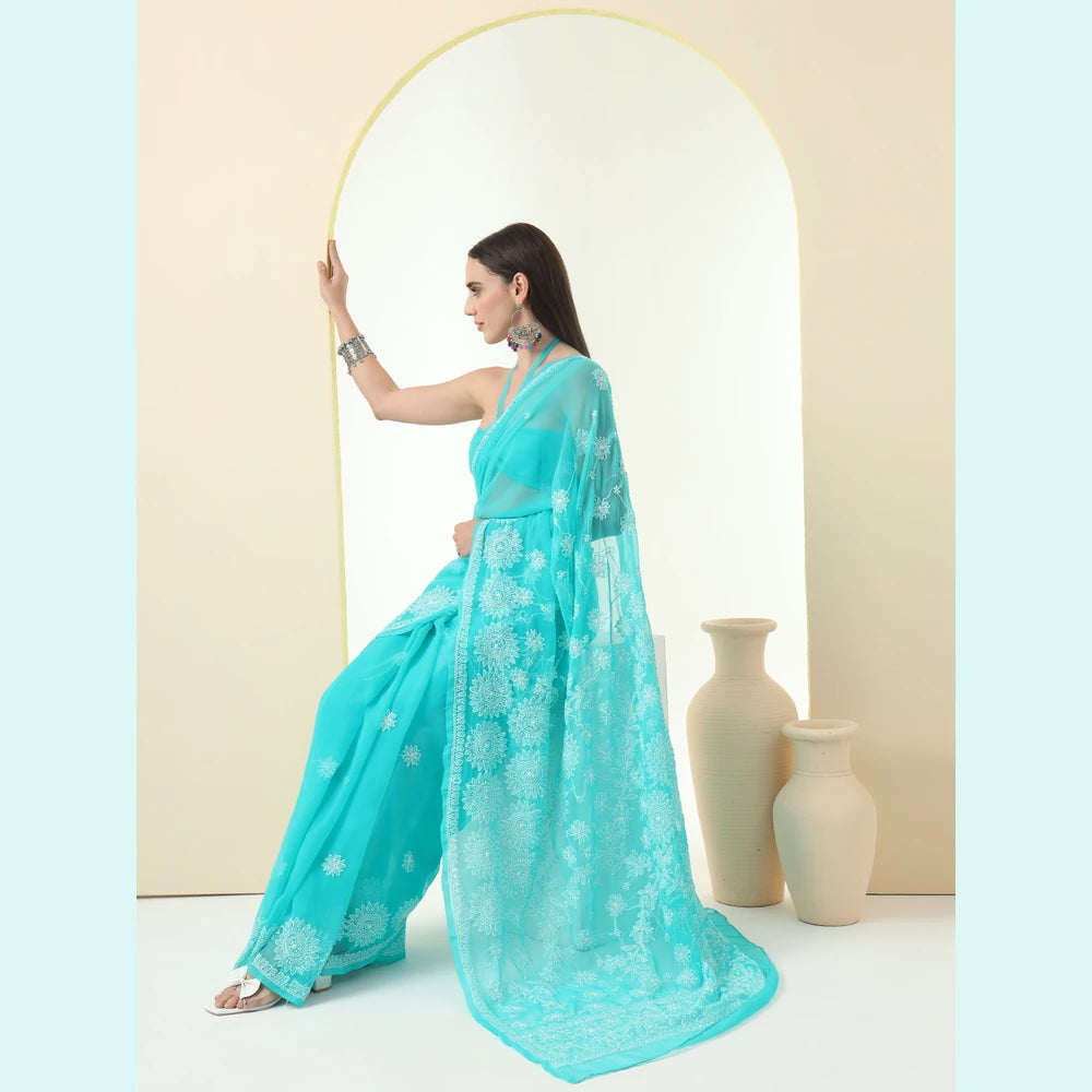 ZHome Turquoise Lucknowi Chikankari Saree – Pure Handmade Gergotte