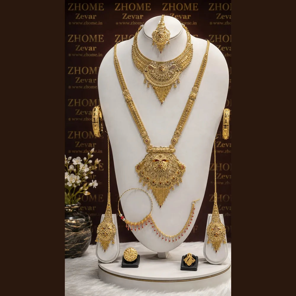 Royal Bridal OneGram Gold Combo Jewellery Set | Long & Short Necklace with Earrings, Mangtika & Choker | Handmade RealGold Finish
