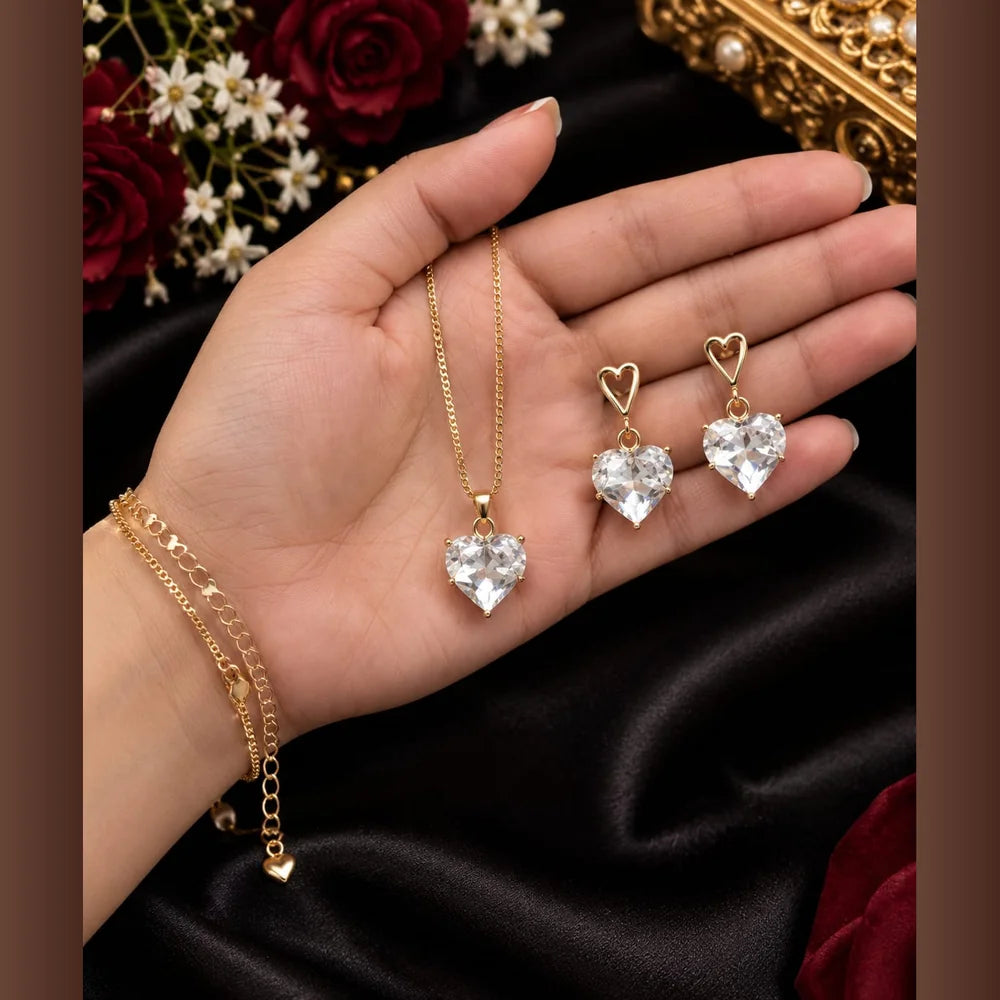 ZHome Zevar Heart Crystal Necklace & Earrings Set | Anti-Tarnish Gold Look Jewellery
