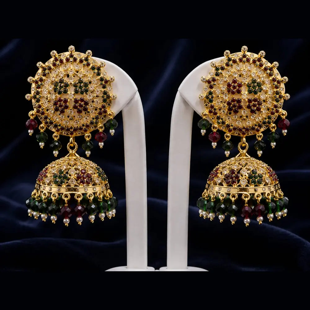 Bridal Green Beads & Gold Plated AD Choker Long Necklace Set with Earrings & Maang Tikka