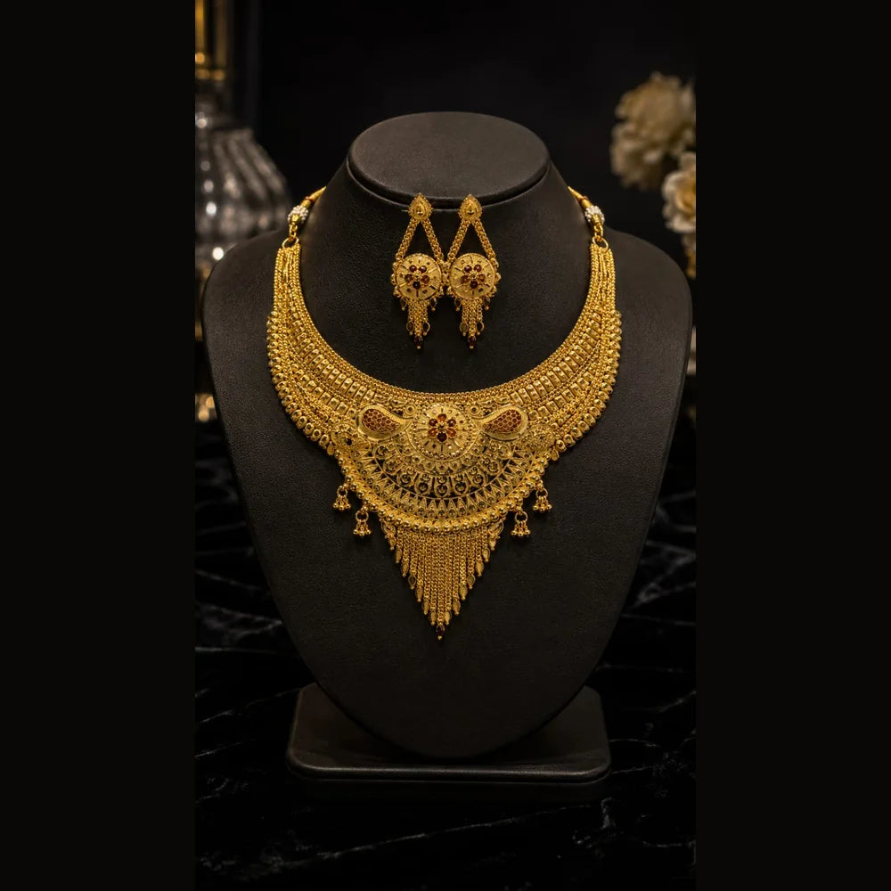 Royal Bridal OneGram Gold Combo Jewellery Set | Long & Short Necklace with Earrings, Mangtika & Choker | Handmade RealGold Finish