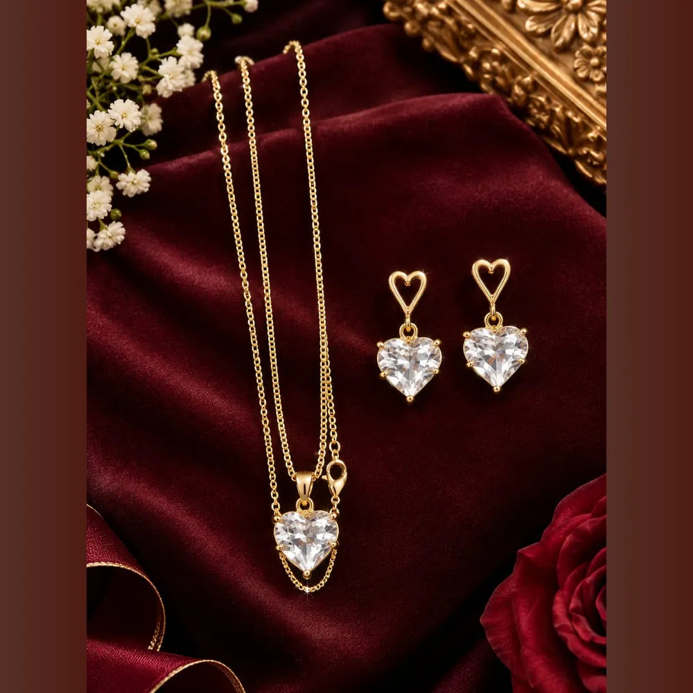 ZHome Zevar Heart Crystal Necklace & Earrings Set | Anti-Tarnish Gold Look Jewellery