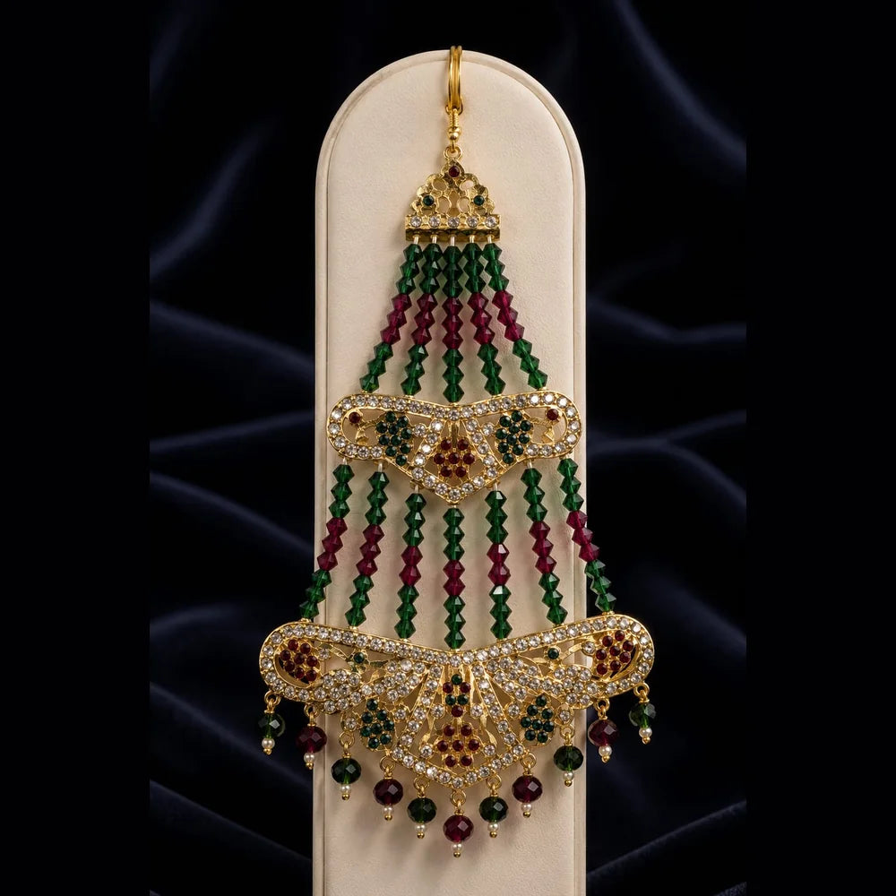 Bridal Green Beads & Gold Plated AD Choker Long Necklace Set with Earrings & Maang Tikka