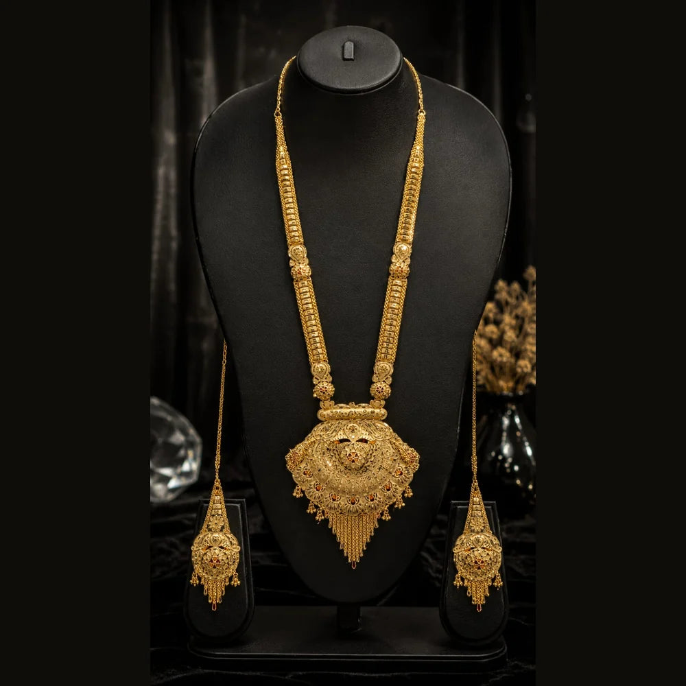 Royal Bridal OneGram Gold Combo Jewellery Set | Long & Short Necklace with Earrings, Mangtika & Choker | Handmade RealGold Finish