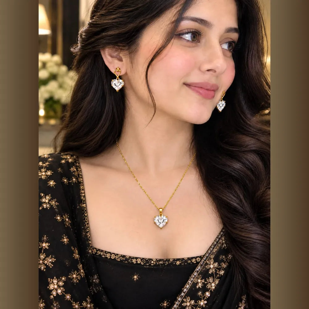 ZHome Zevar Heart Crystal Necklace & Earrings Set | Anti-Tarnish Gold Look Jewellery