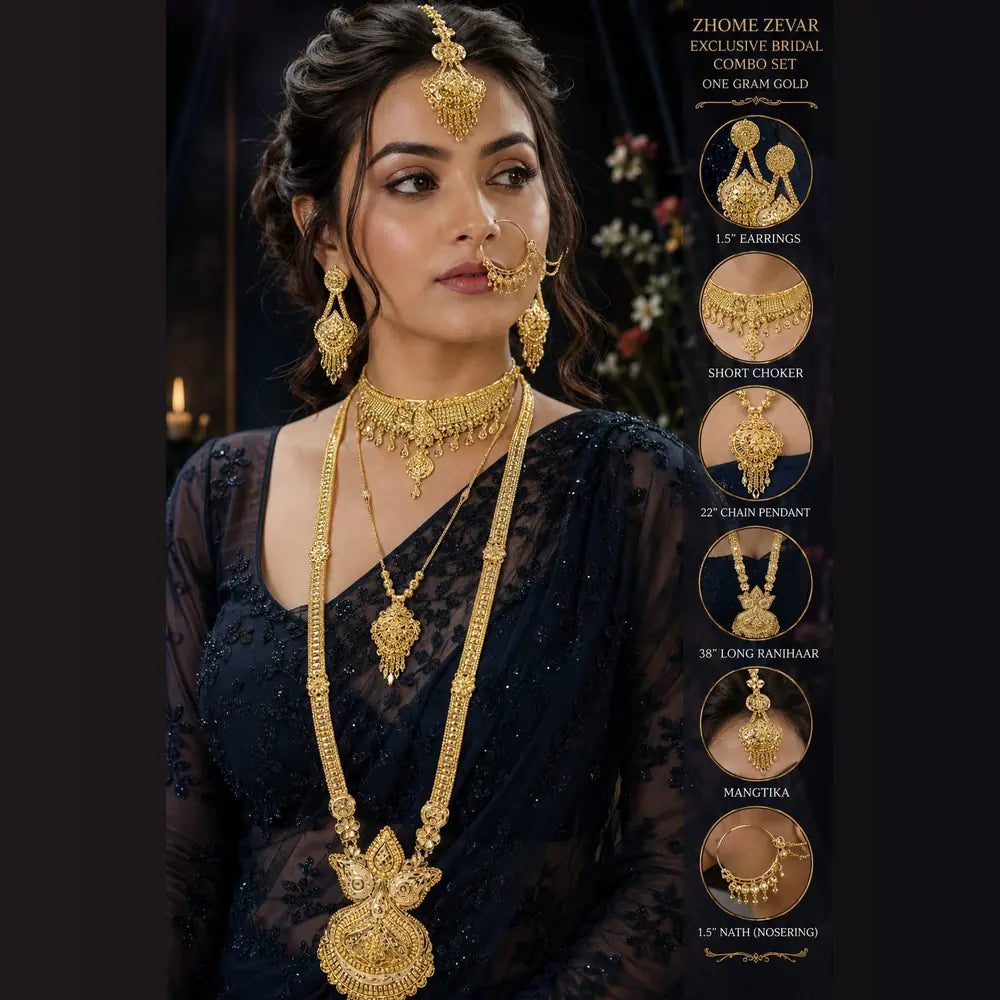Royal Bridal One Gram Gold Necklace Set with Choker, Long Haar, Earrings, Nath & Maang Tikka