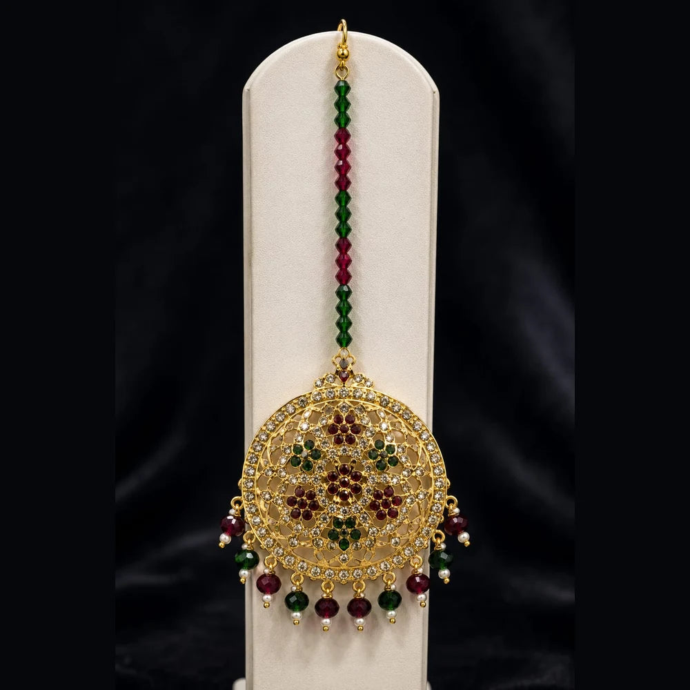 Bridal Green Beads & Gold Plated AD Choker Long Necklace Set with Earrings & Maang Tikka