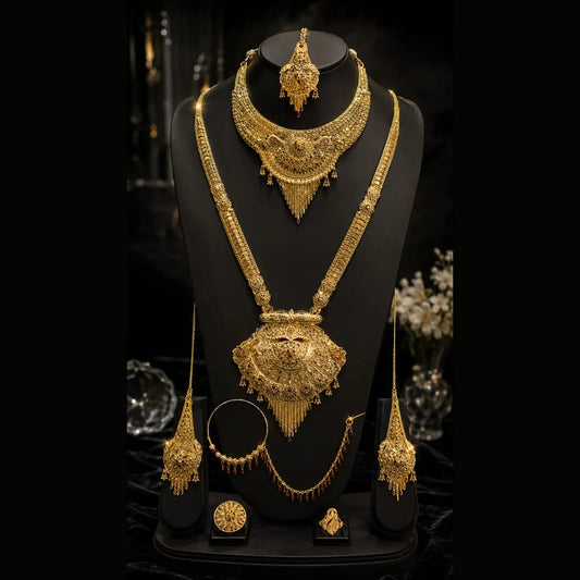 Royal Bridal OneGram Gold Combo Jewellery Set | Long & Short Necklace with Earrings, Mangtika & Choker | Handmade RealGold Finish