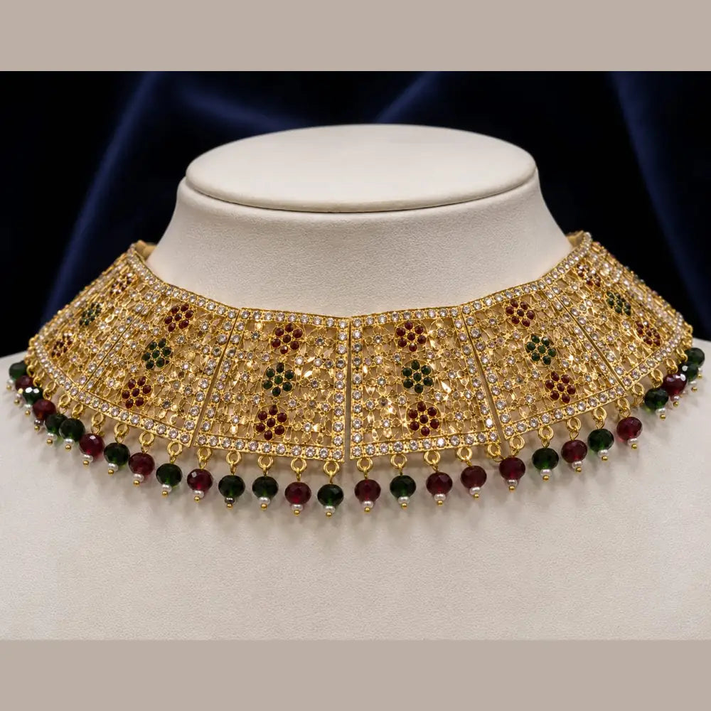 Bridal Green Beads & Gold Plated AD Choker Long Necklace Set with Earrings & Maang Tikka