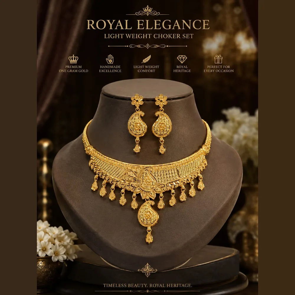 Royal Bridal One Gram Gold Necklace Set with Choker, Long Haar, Earrings, Nath & Maang Tikka