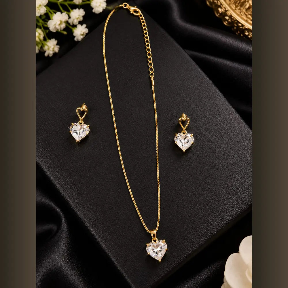 ZHome Zevar Heart Crystal Necklace & Earrings Set | Anti-Tarnish Gold Look Jewellery