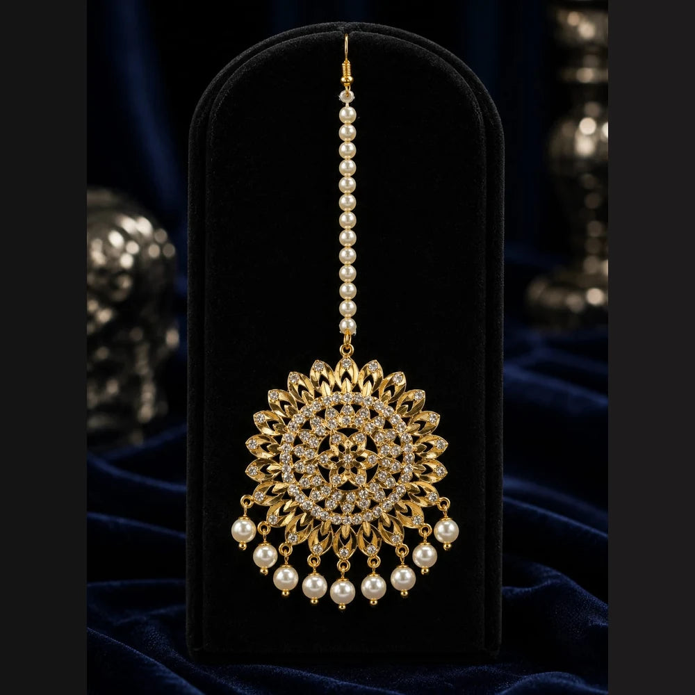 Handmade Bridal Pearl Kundan Necklace Set with Matching Earrings, Matha Patti & Traditional Jewellery Set