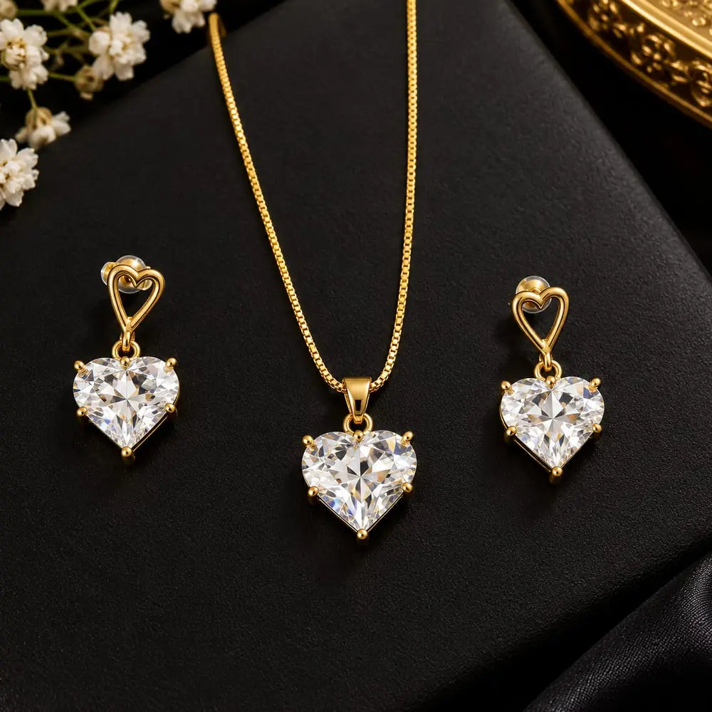 ZHome Zevar Heart Crystal Necklace & Earrings Set | Anti-Tarnish Gold Look Jewellery