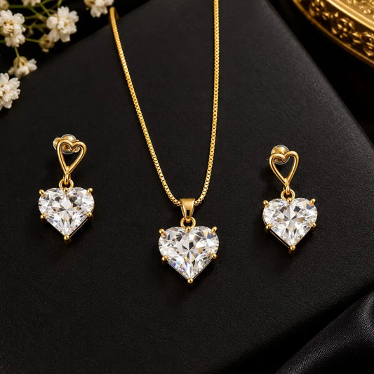 ZHome Zevar Heart Crystal Necklace & Earrings Set | Anti-Tarnish Gold Look Jewellery